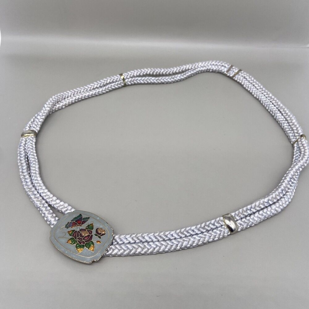 VTG 80s/90s Stretch Waist Belt Braided Cord Gray Cloisonne Butterfly Rose Buckle